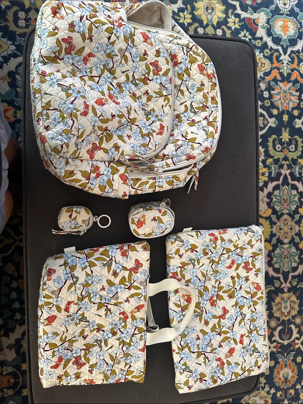 Floral Vera Bradley Insect Quilted  Backpack Set - Cream with Red & Blue Accents